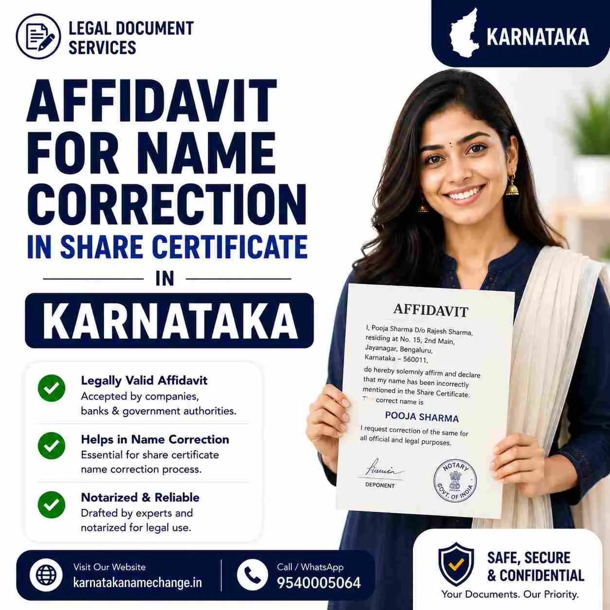Affidavit for name correction in a share certificate in Karnataka: what it must say Affidavit for a name correction in a share certificate in Karnataka, declaring that both versions of the name belong to one and the same person