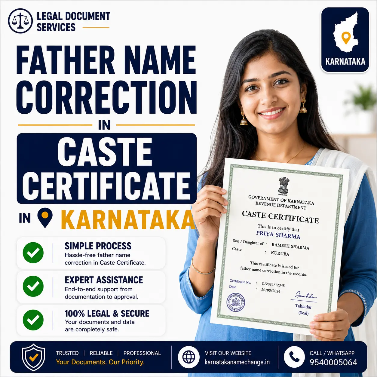 Father name correction in caste certificate in Karnataka: the Nadakacheri route Father name correction on a Karnataka caste certificate, raised on the Nadakacheri portal and verified against the family caste record