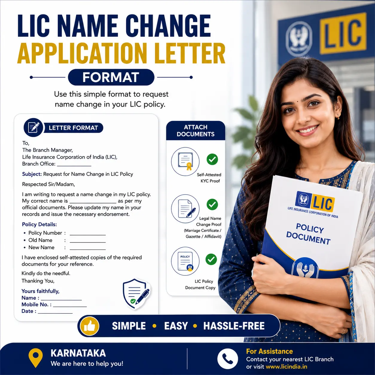 LIC name change application letter format in Karnataka: what to write and what to ask for LIC name change application letter format in Karnataka, addressed to the servicing branch manager with the policy number, proof and numbered enclosures