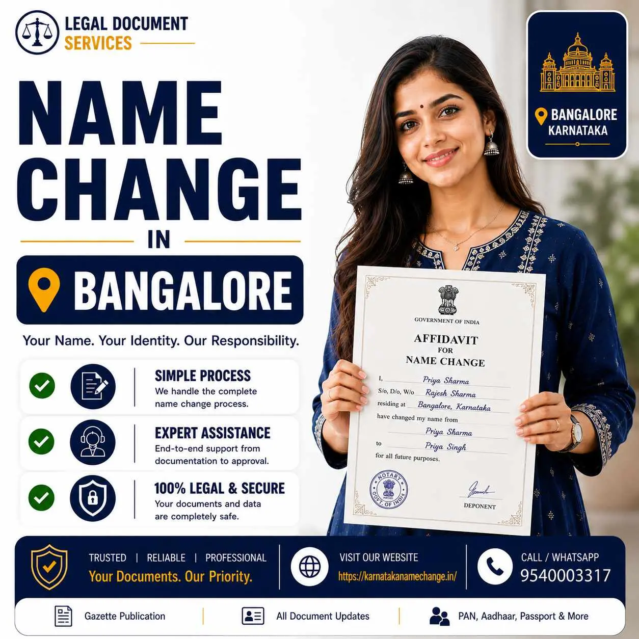 Name change in Bangalore: the notarised affidavit, the English and Kannada newspaper notices, and the published gazette notification